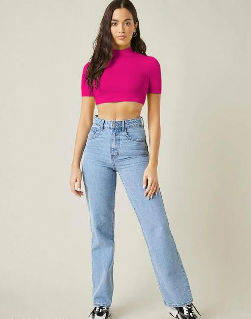Casual Rani Pink High-Neck Crop Top for Women