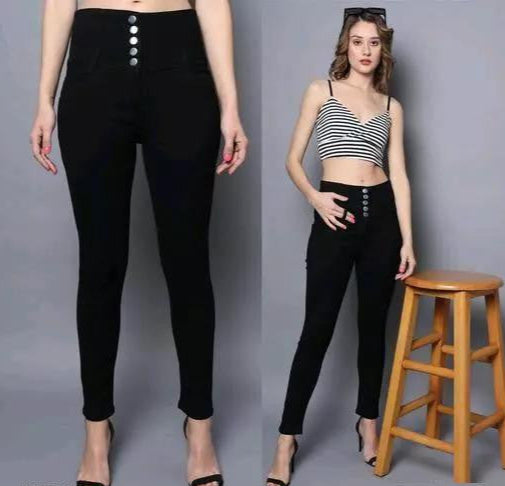 Button Slim Fit Black Jeans for Women