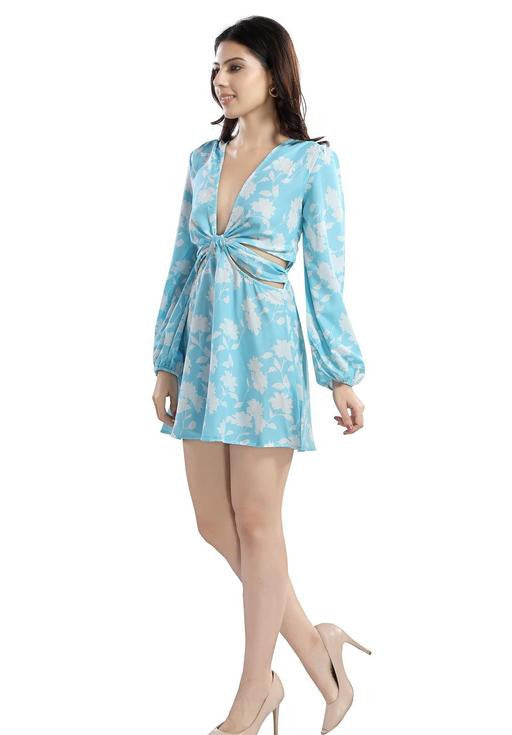 Cherrylavish Blue & White Floral Printed Poly Crepe Fit & Flare Mini Dress for Women