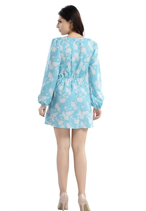 Cherrylavish Blue & White Floral Printed Poly Crepe Fit & Flare Mini Dress for Women