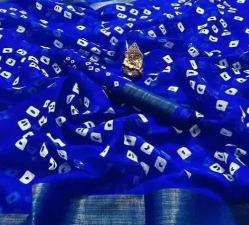 Blue Bandhani Cotton Linen Zari Women Saree