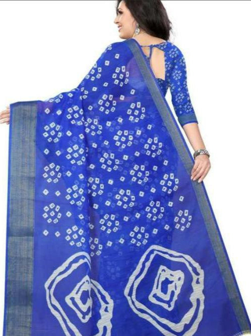 Blue Bandhani Cotton Linen Zari Women Saree