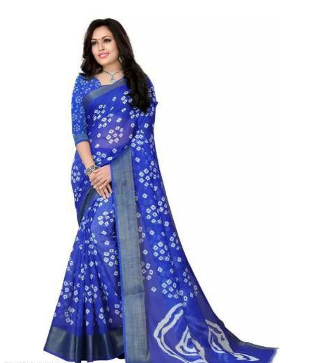 Blue Bandhani Cotton Linen Zari Women Saree