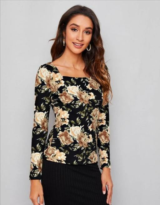 Stylish Printed Top with Square Neck and Long Sleeves for Women