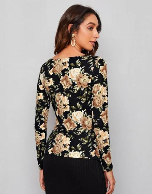 Stylish Printed Top with Square Neck and Long Sleeves for Women