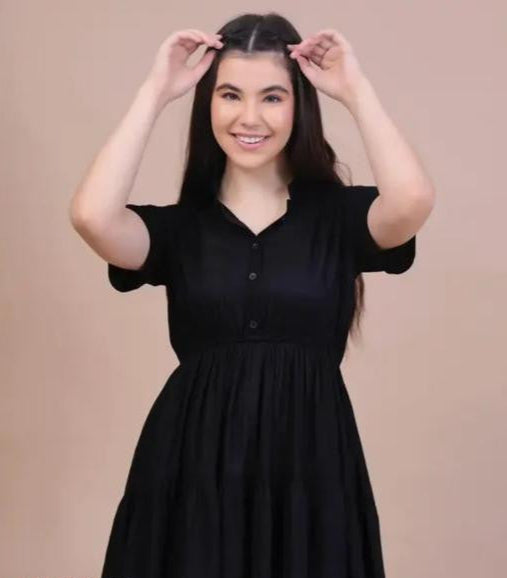 Black Short Middi 3 Button Dress