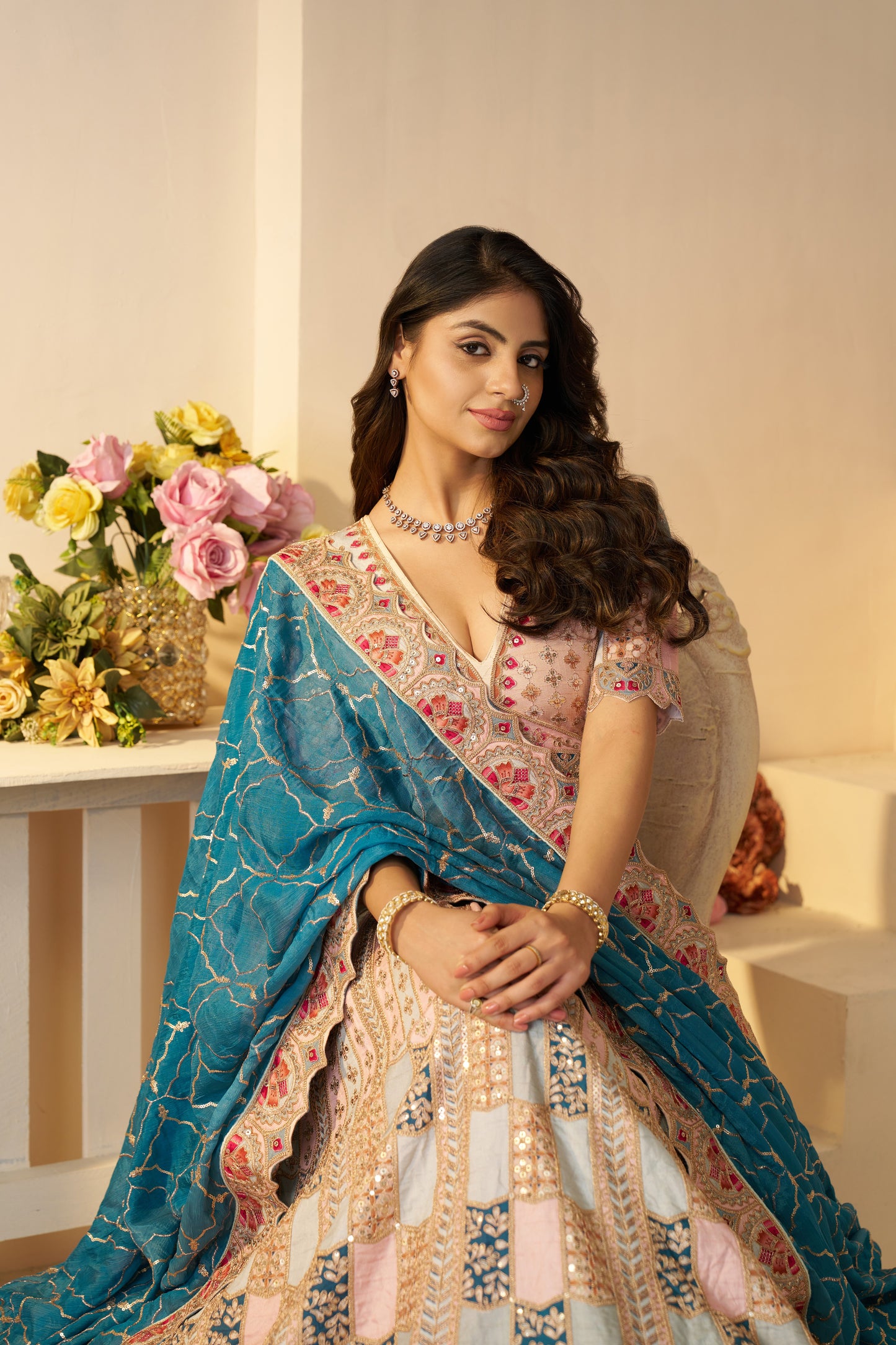 Powder Blue Jaal Pattern Party Wear Lehenga with Sequin & Aari Work