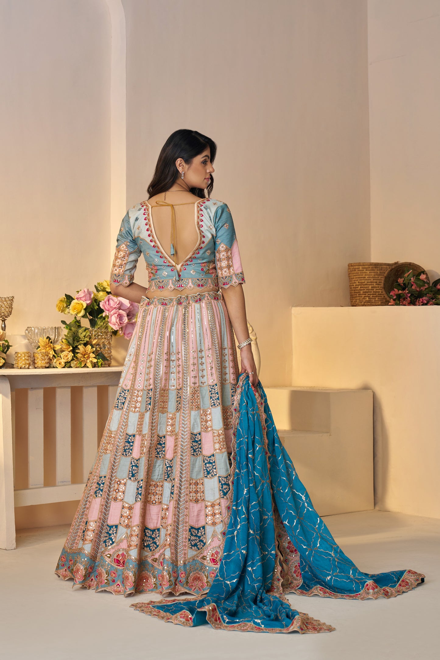 Powder Blue Jaal Pattern Party Wear Lehenga with Sequin & Aari Work