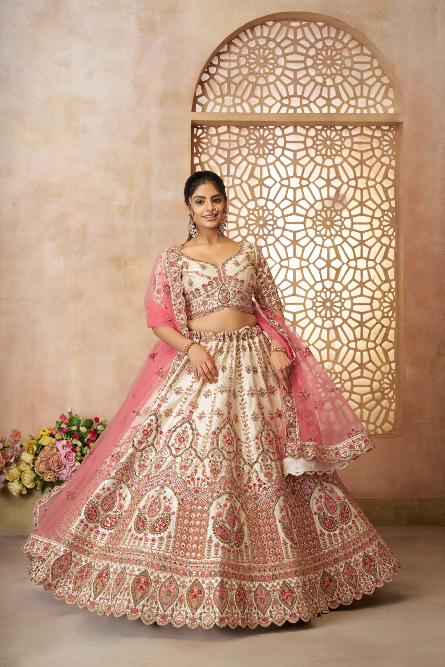 White Imperial Patterned Embroidered Bridal Lehenga