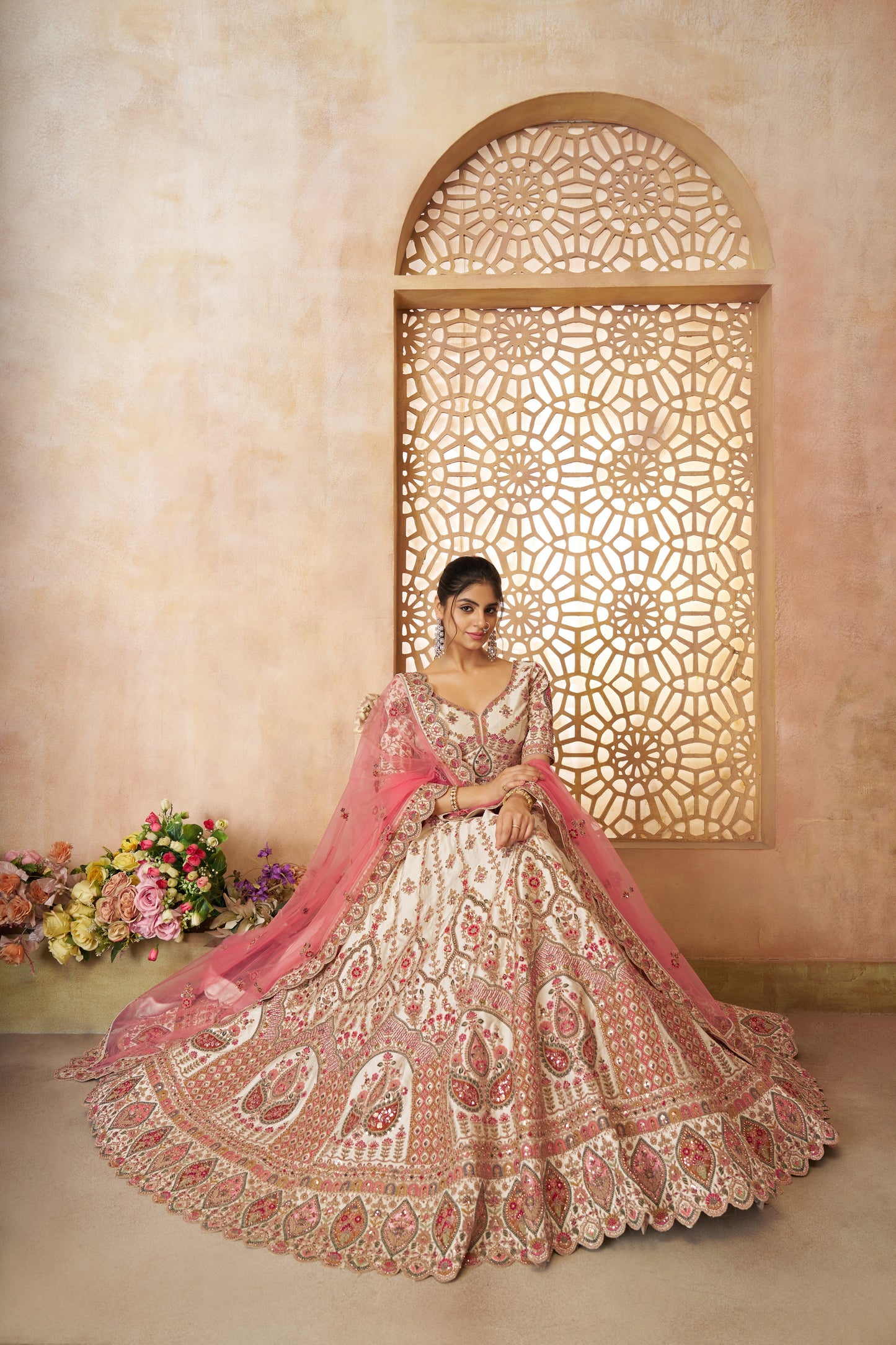 White Imperial Patterned Embroidered Bridal Lehenga
