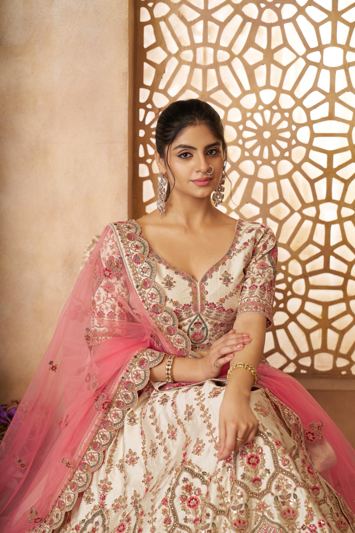 White Imperial Patterned Embroidered Bridal Lehenga