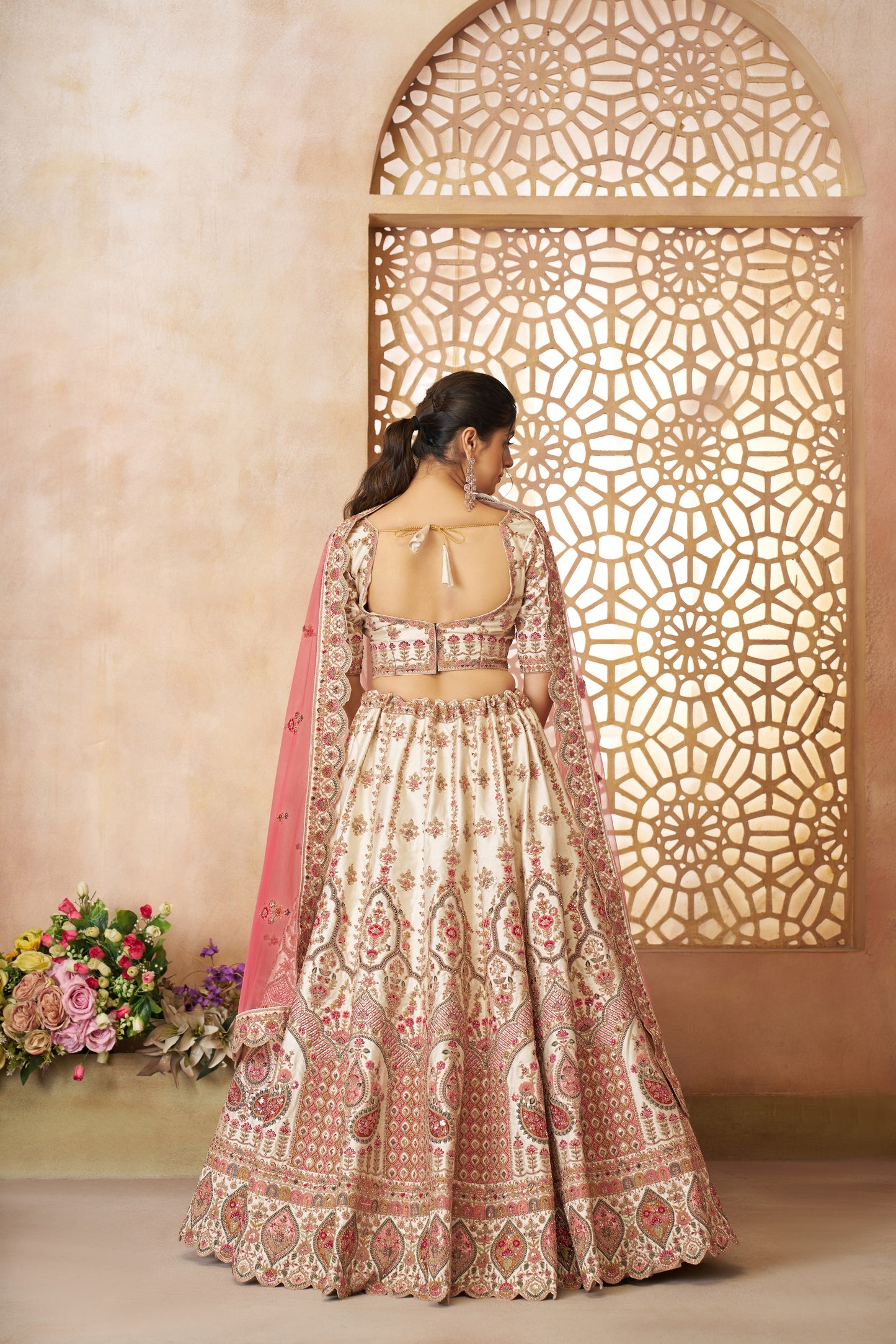 White Imperial Patterned Embroidered Bridal Lehenga
