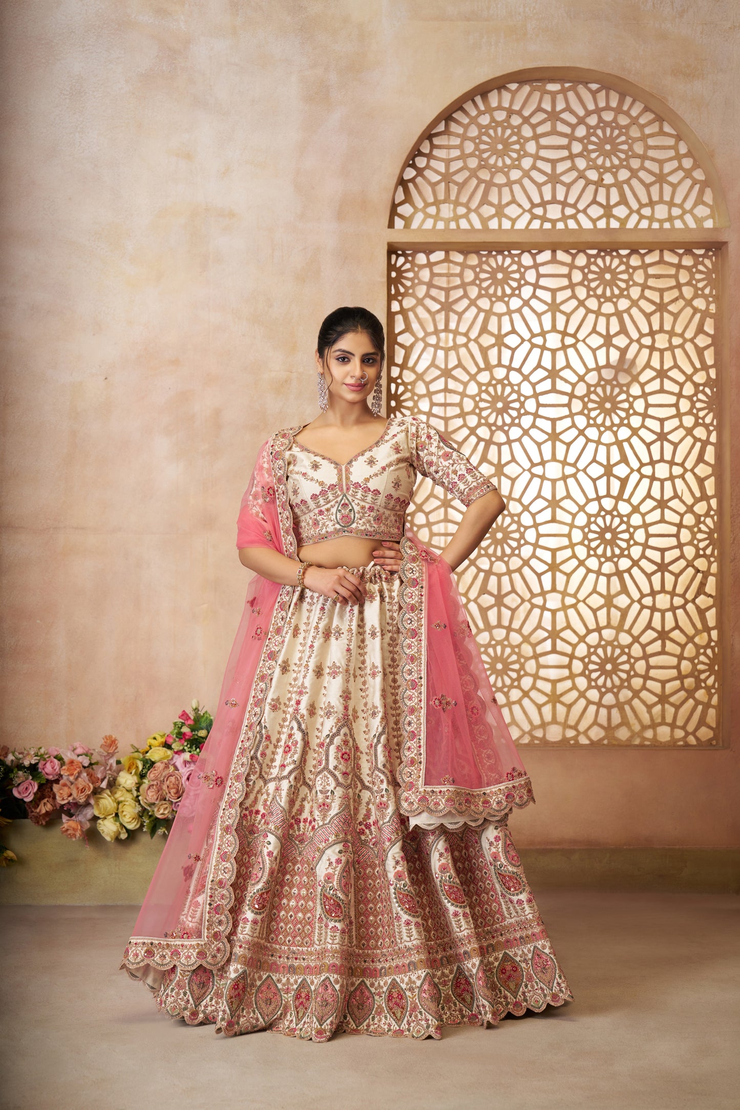 White Imperial Patterned Embroidered Bridal Lehenga