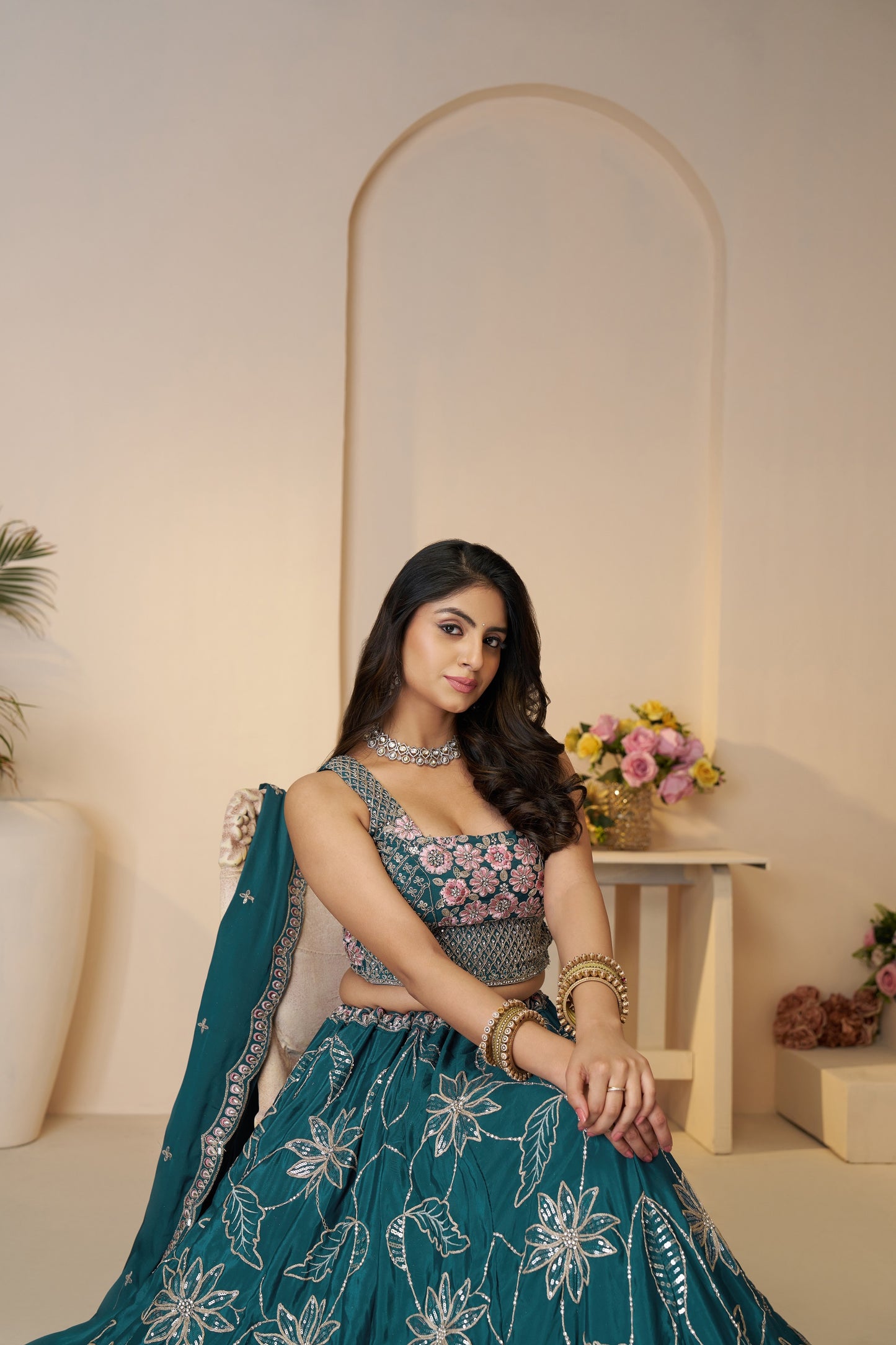 Blue Beauty: Bridesmaid Lehenga with Sequin Shine & Floral Grace