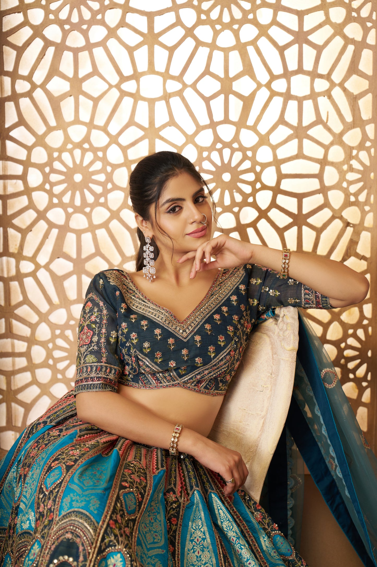 Blue Aari Embroidered Banarasi Lehenga for Brides