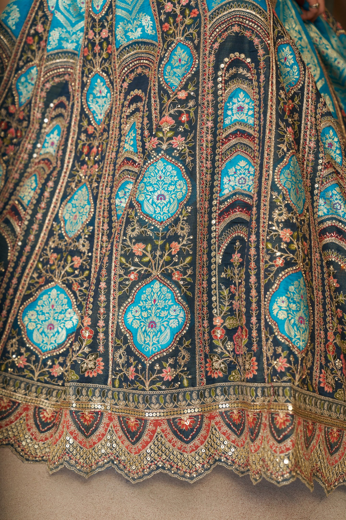 Blue Aari Embroidered Banarasi Lehenga for Brides