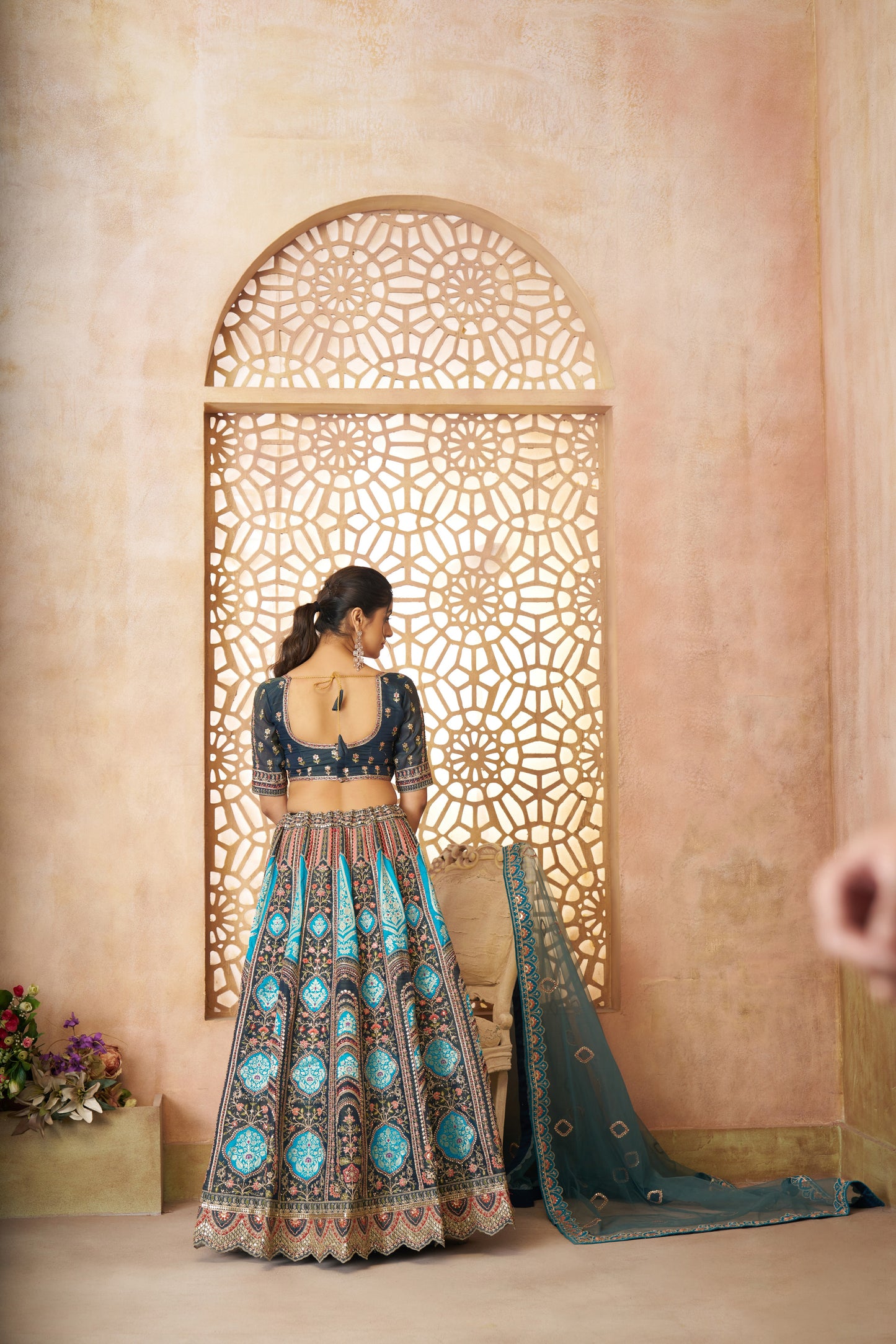 Blue Aari Embroidered Banarasi Lehenga for Brides