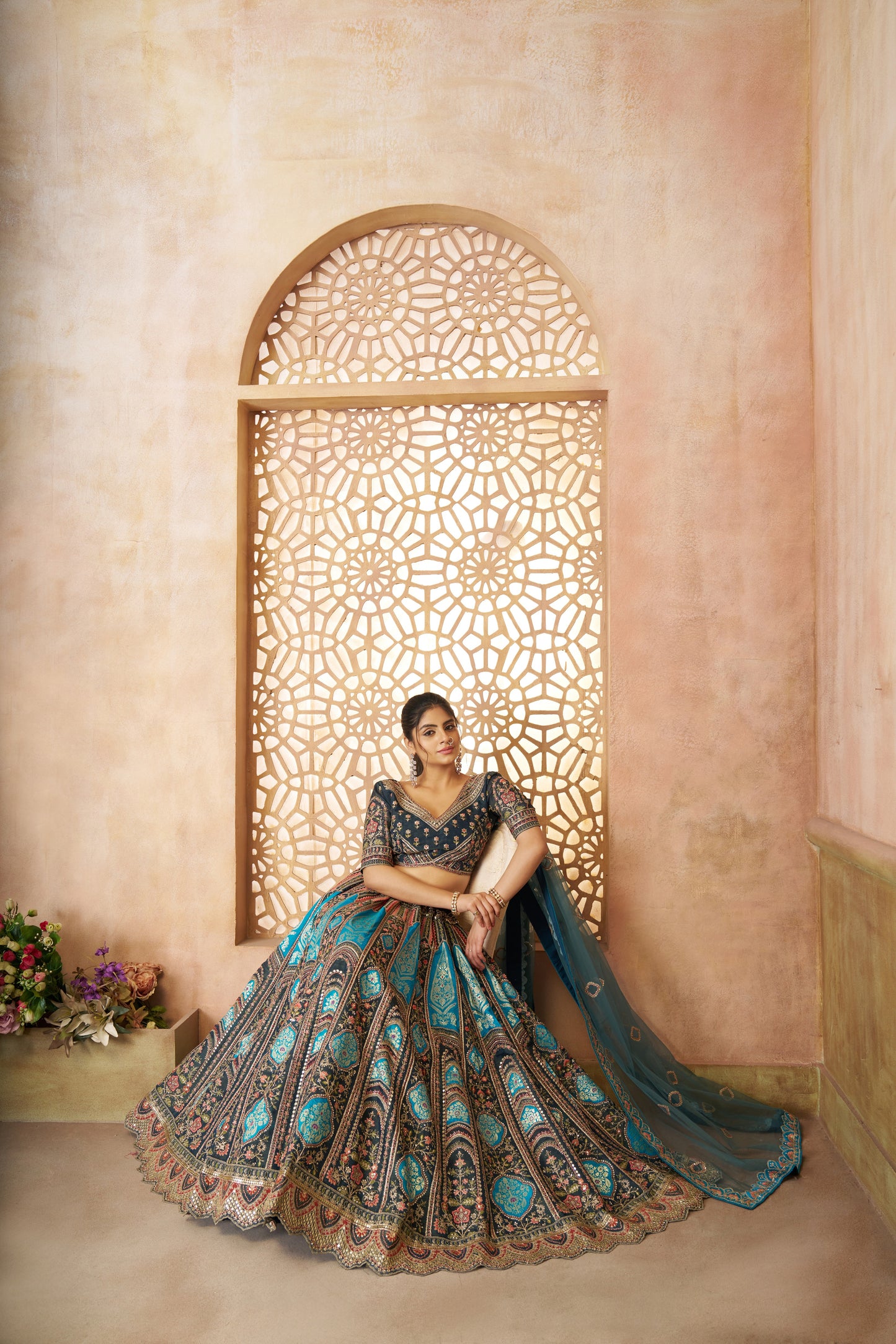 Blue Aari Embroidered Banarasi Lehenga for Brides