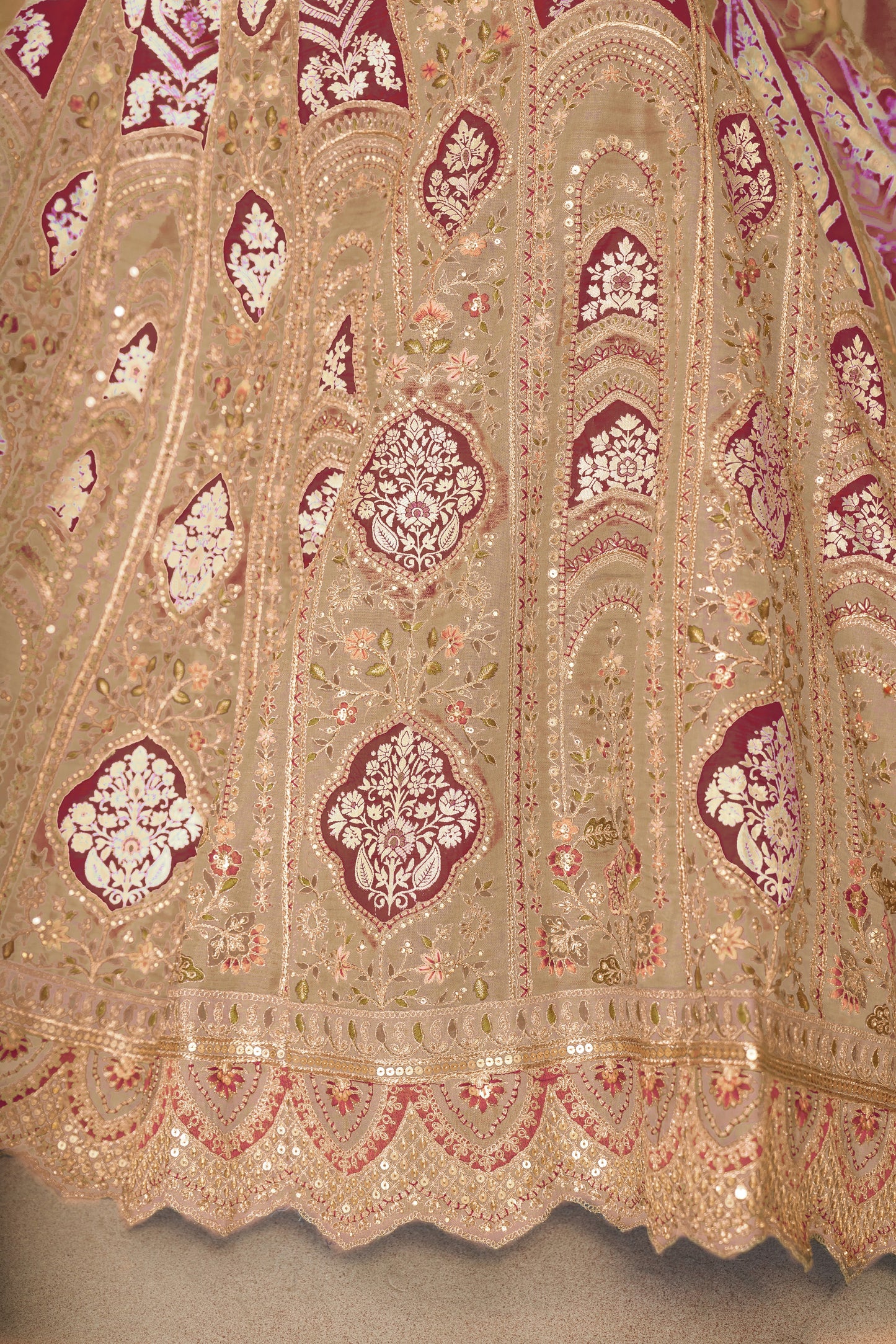 Champagne/Chiku Aari Embroidered Banarasi Lehenga for Brides