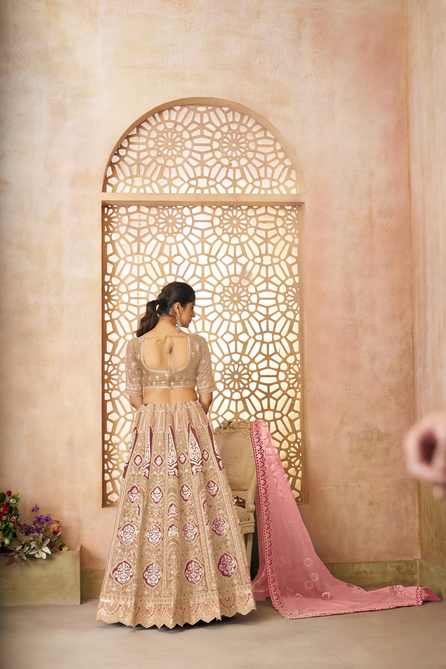 Champagne/Chiku Aari Embroidered Banarasi Lehenga for Brides