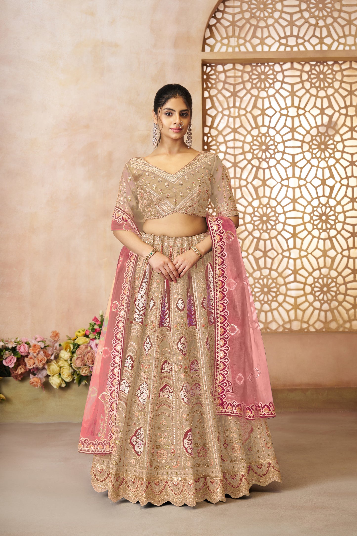Champagne/Chiku Aari Embroidered Banarasi Lehenga for Brides