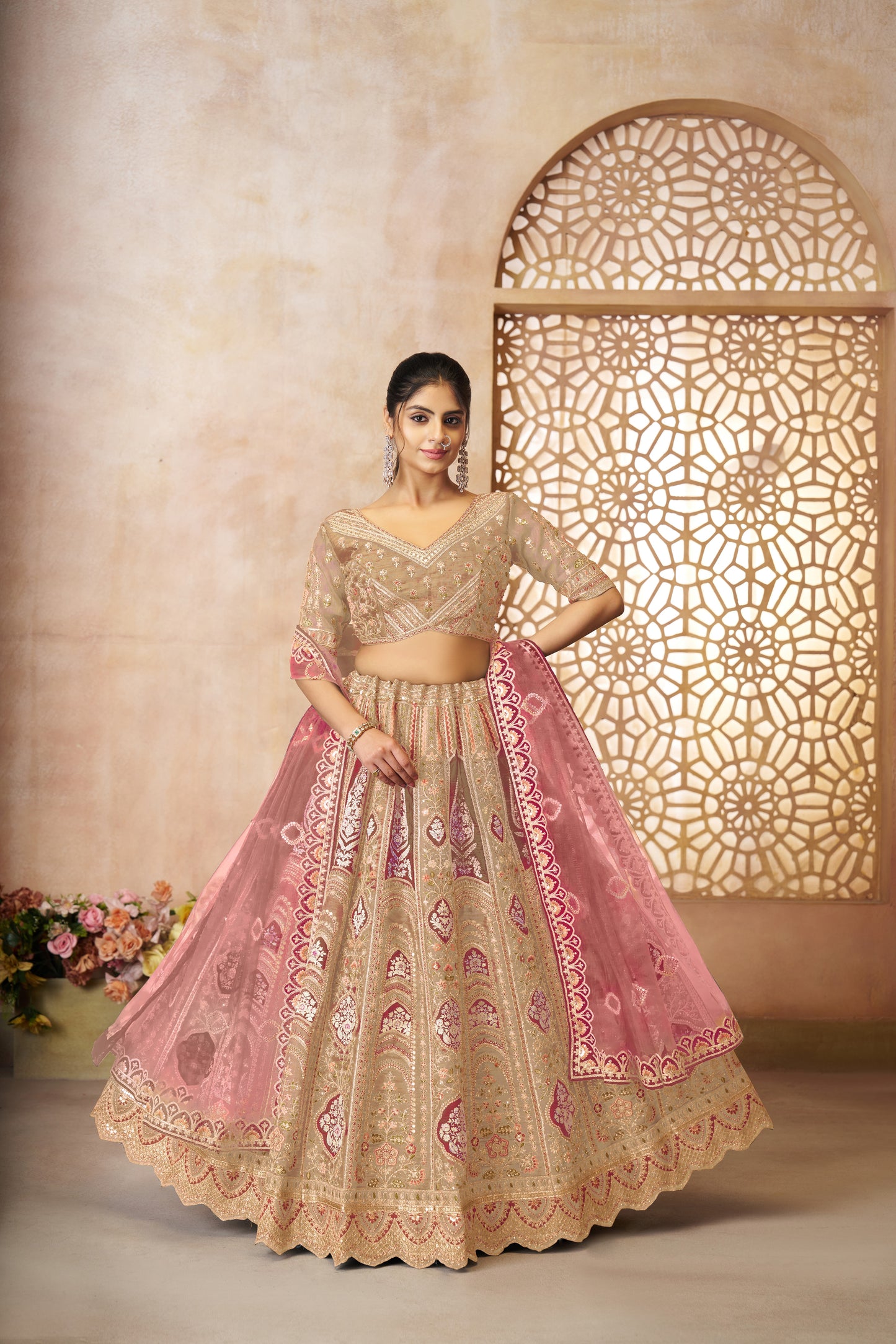 Champagne/Chiku Aari Embroidered Banarasi Lehenga for Brides