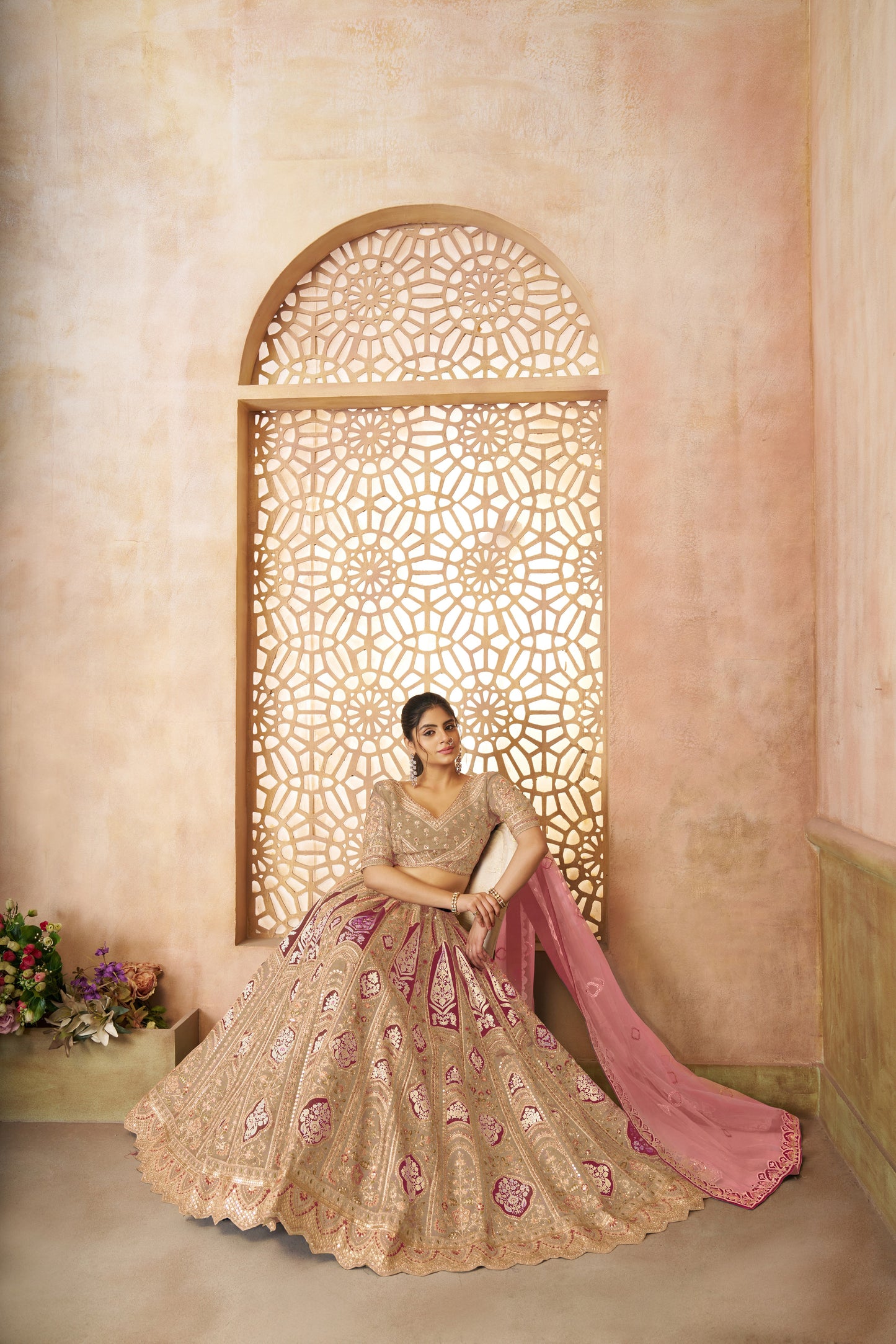 Champagne/Chiku Aari Embroidered Banarasi Lehenga for Brides