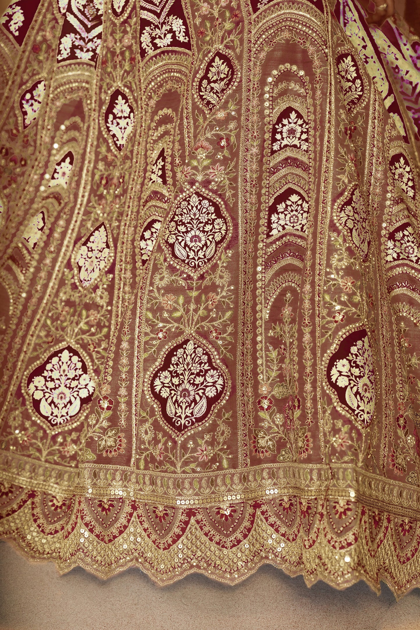Trending Mocha/Coffee Aari Embroidered Banarasi Lehenga for Brides