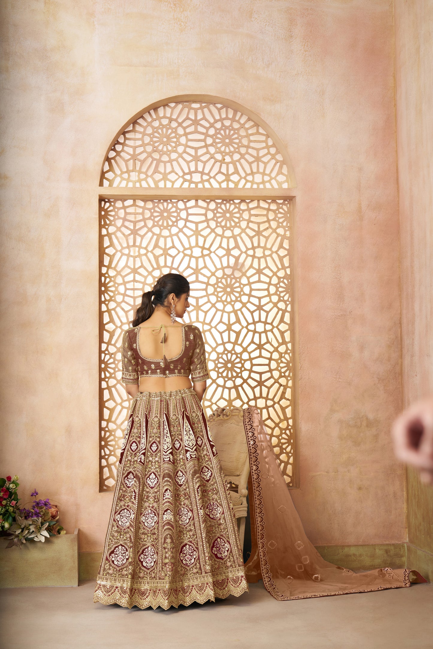 Trending Mocha/Coffee Aari Embroidered Banarasi Lehenga for Brides