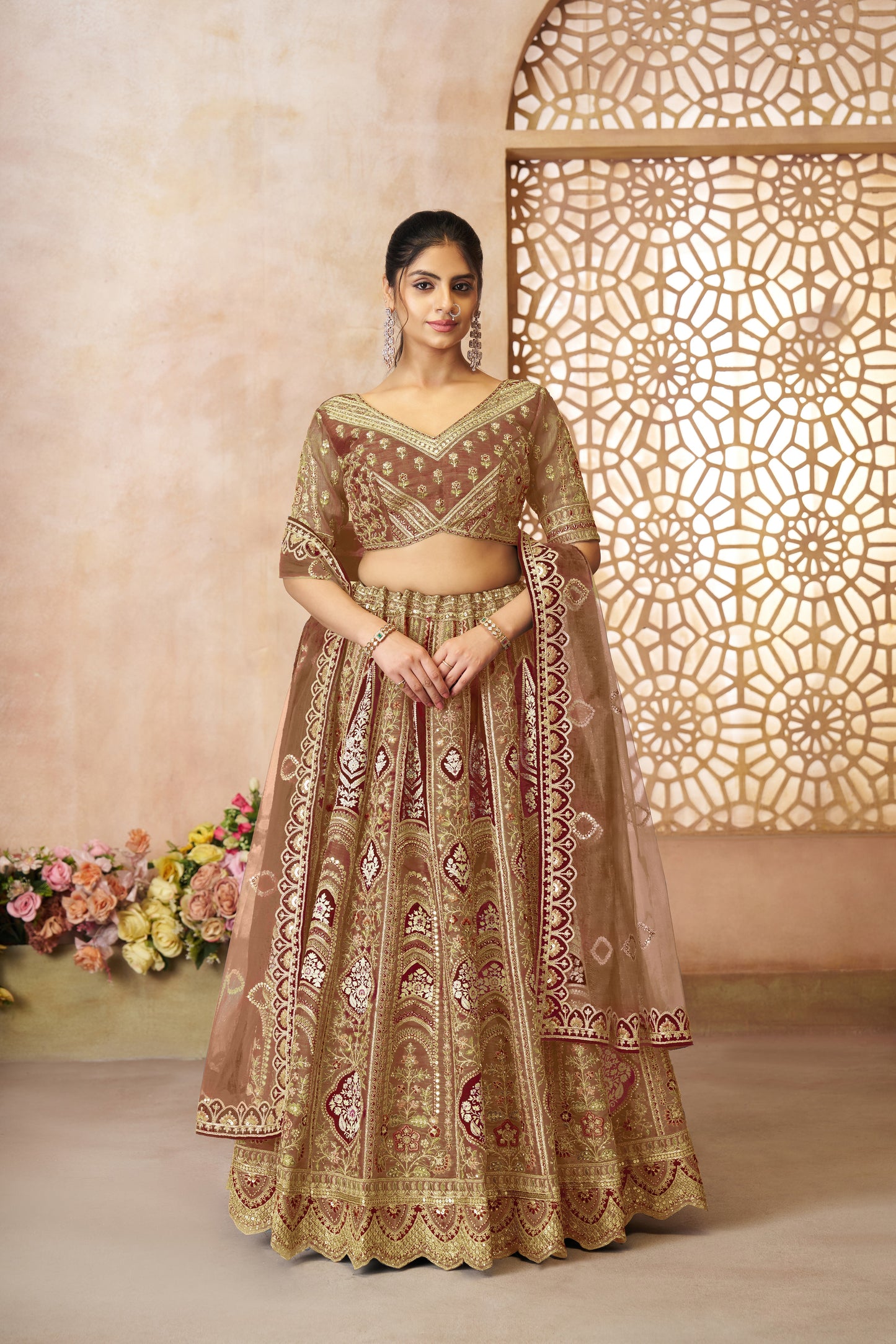Trending Mocha/Coffee Aari Embroidered Banarasi Lehenga for Brides