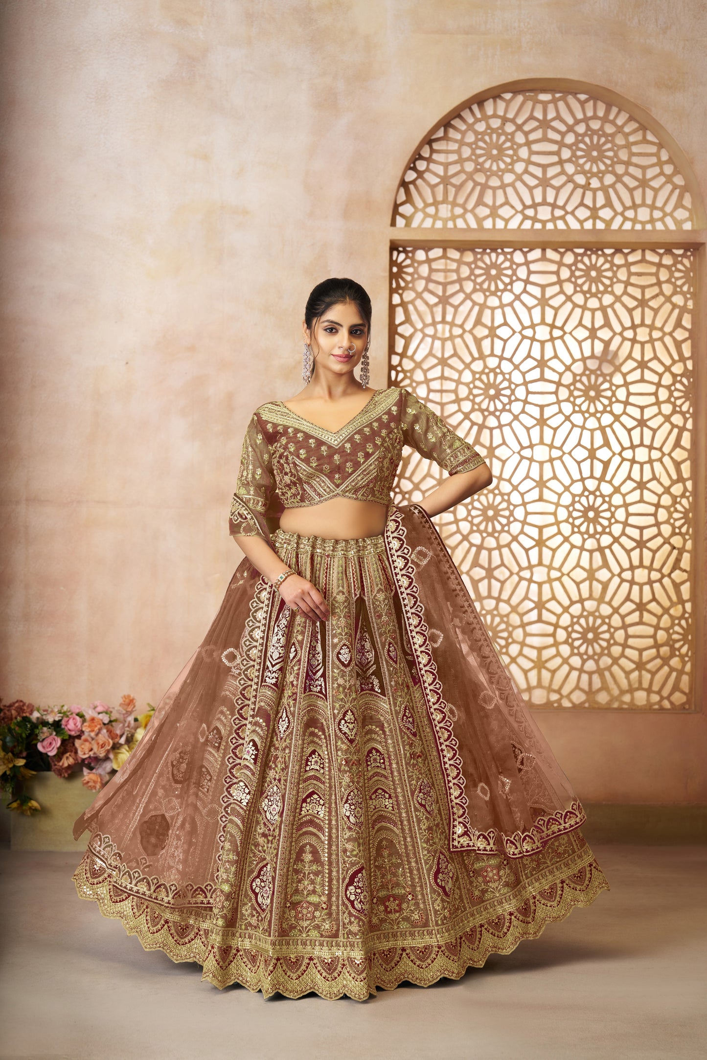 Trending Mocha/Coffee Aari Embroidered Banarasi Lehenga for Brides