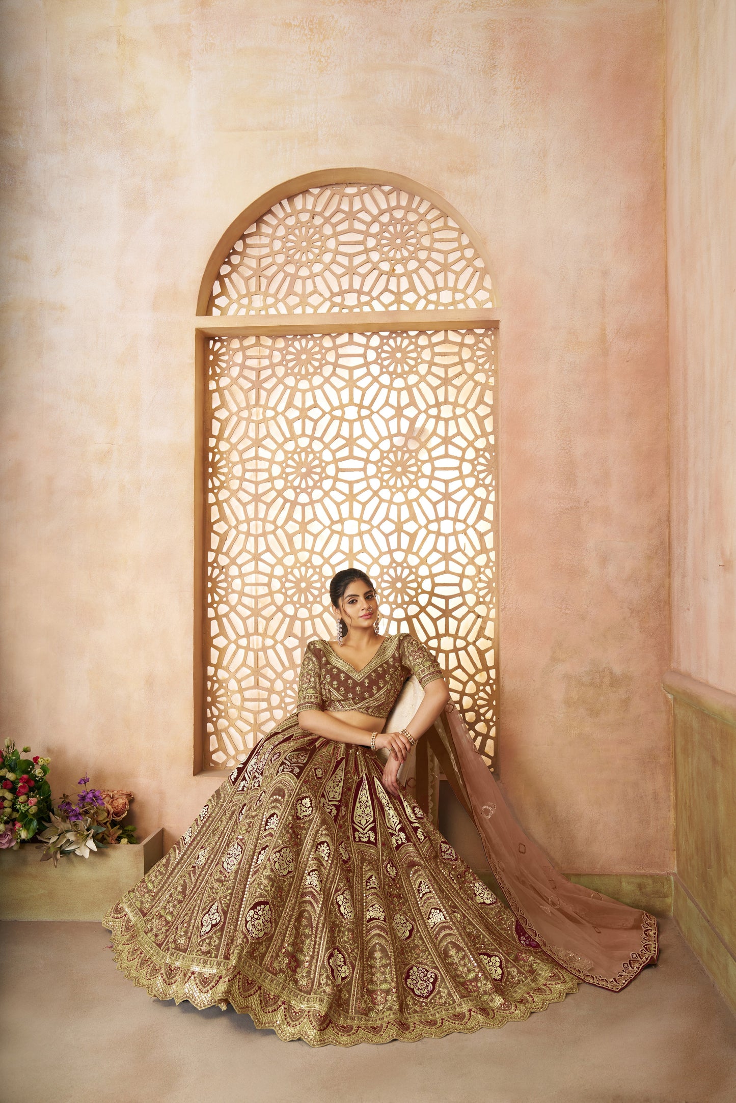 Trending Mocha/Coffee Aari Embroidered Banarasi Lehenga for Brides