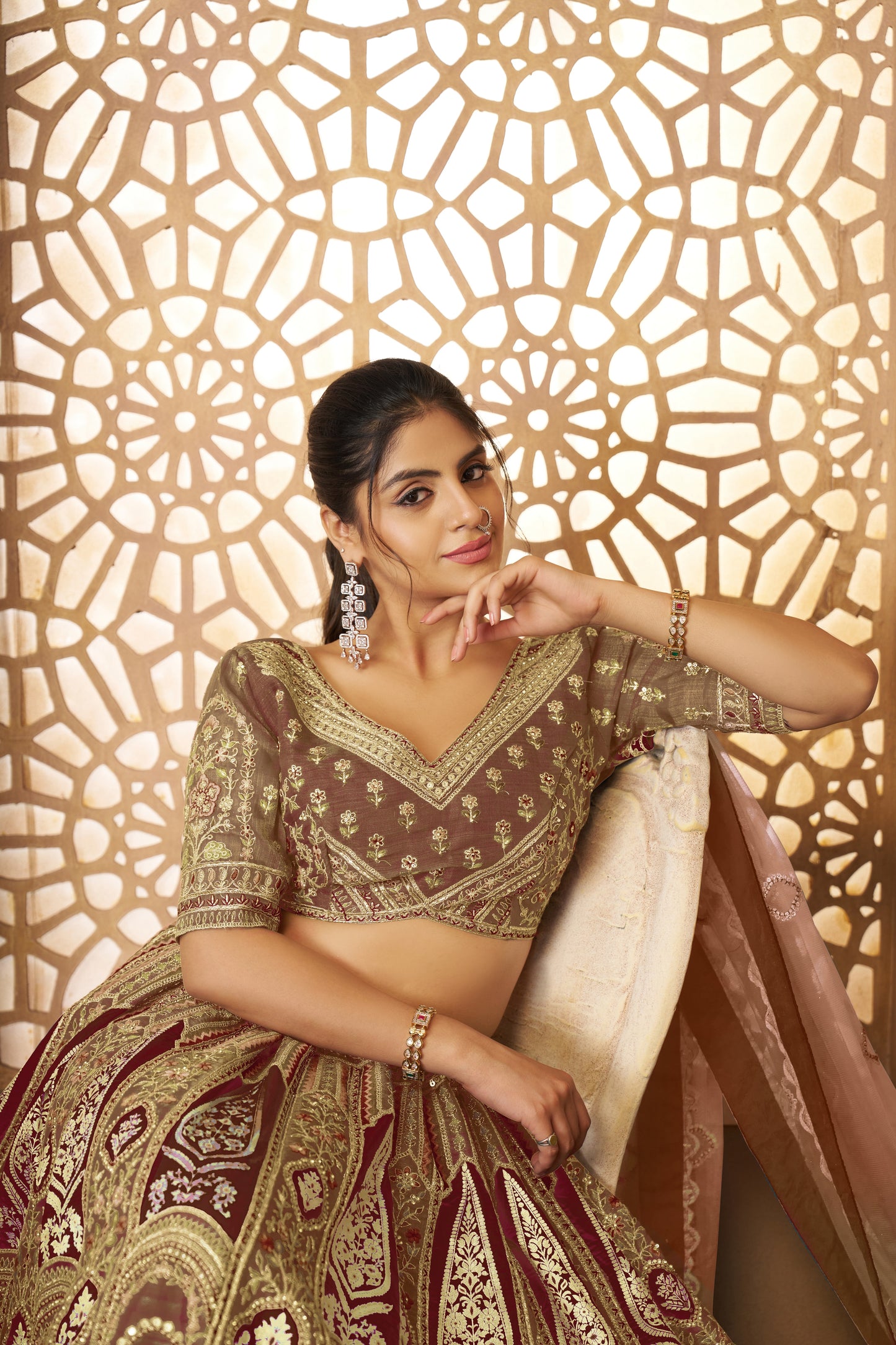 Trending Mocha/Coffee Aari Embroidered Banarasi Lehenga for Brides