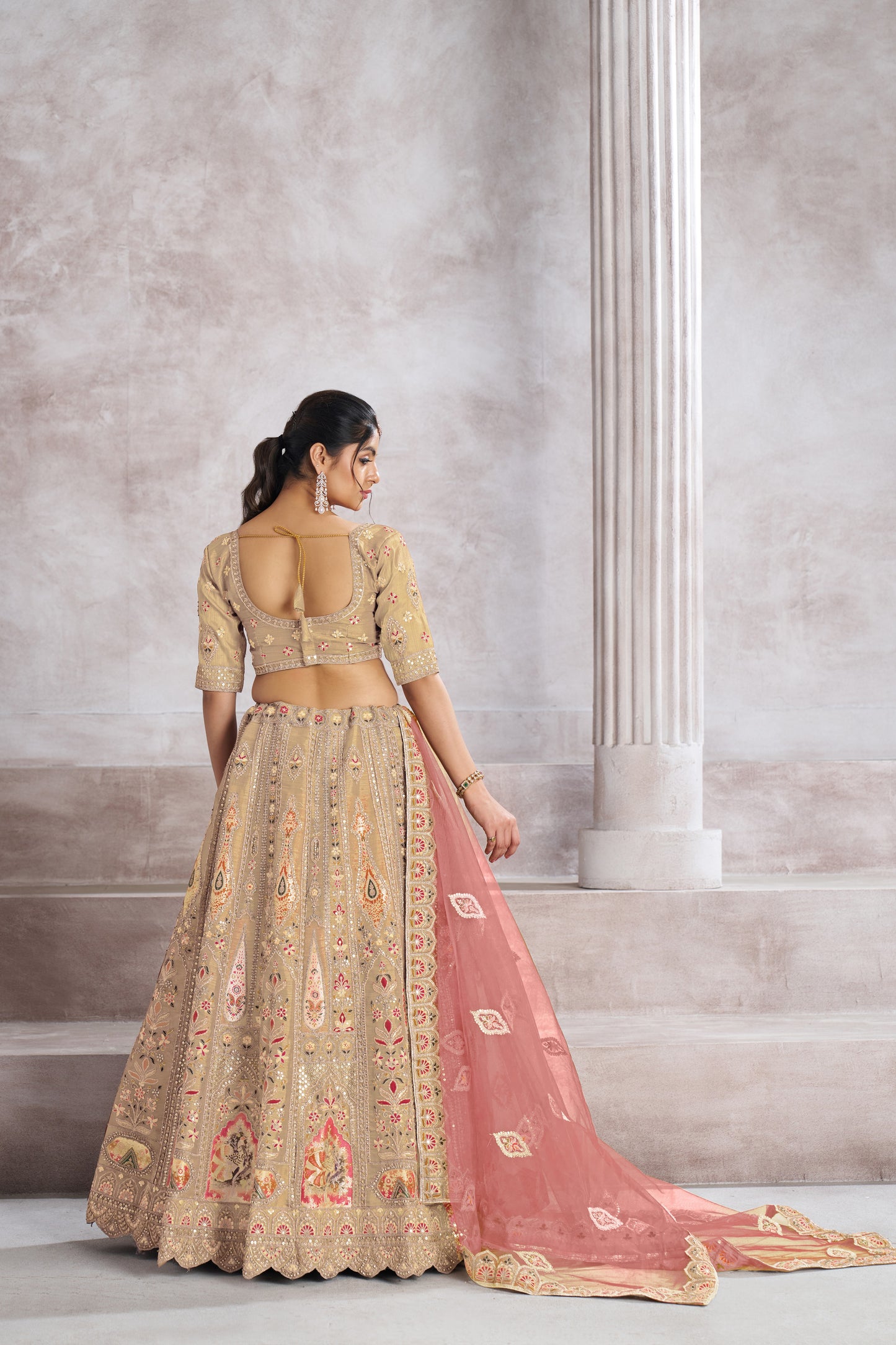 Trending Reception Champagne/Chiku Color Lehenga with Patch Work - Semi Stitched Lehenga Choli