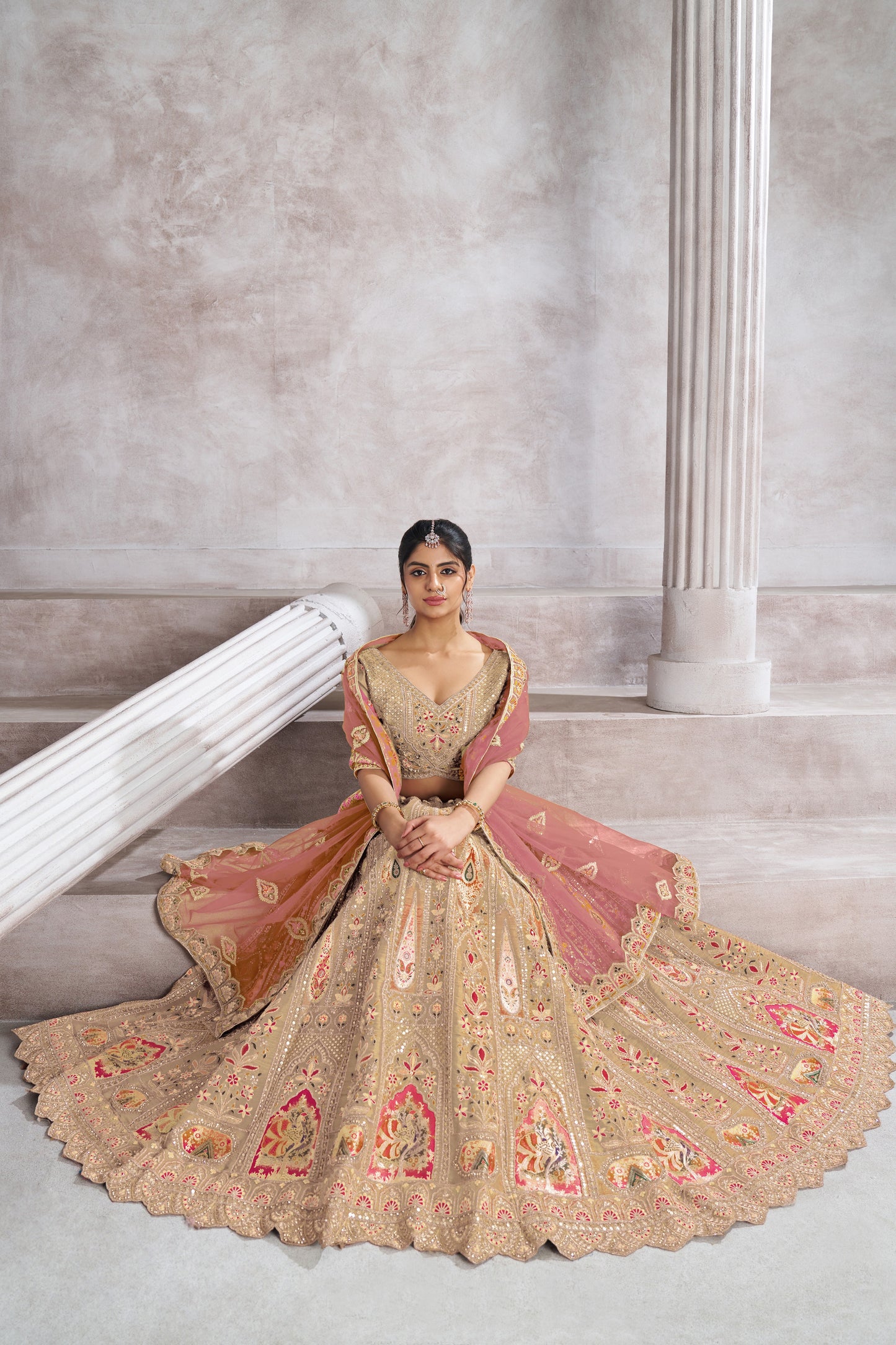 Trending Reception Champagne/Chiku Color Lehenga with Patch Work - Semi Stitched Lehenga Choli
