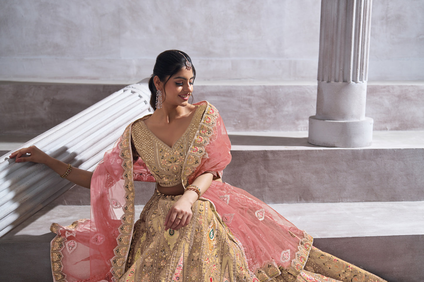 Trending Reception Champagne/Chiku Color Lehenga with Patch Work - Semi Stitched Lehenga Choli