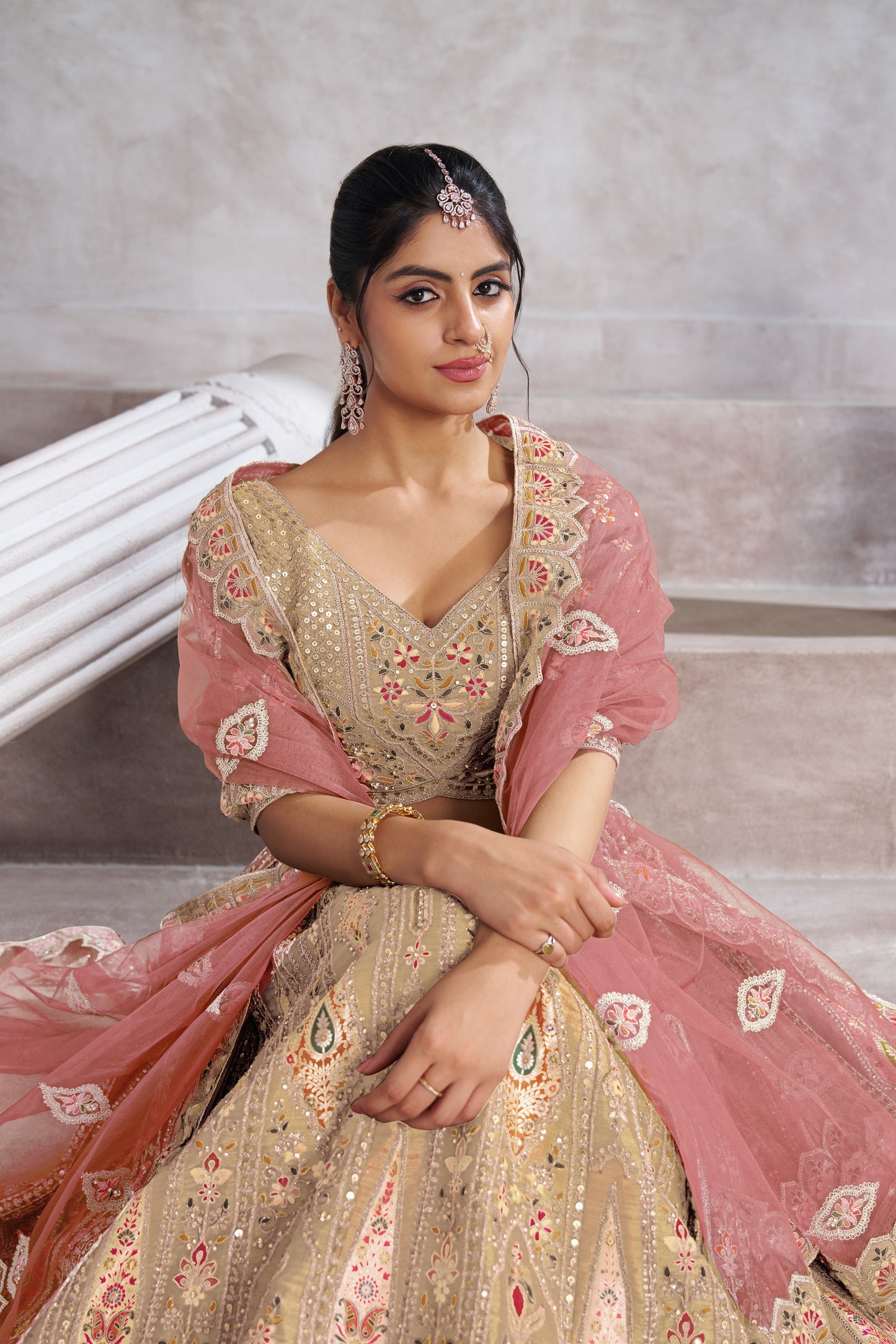 Trending Reception Champagne/Chiku Color Lehenga with Patch Work - Semi Stitched Lehenga Choli