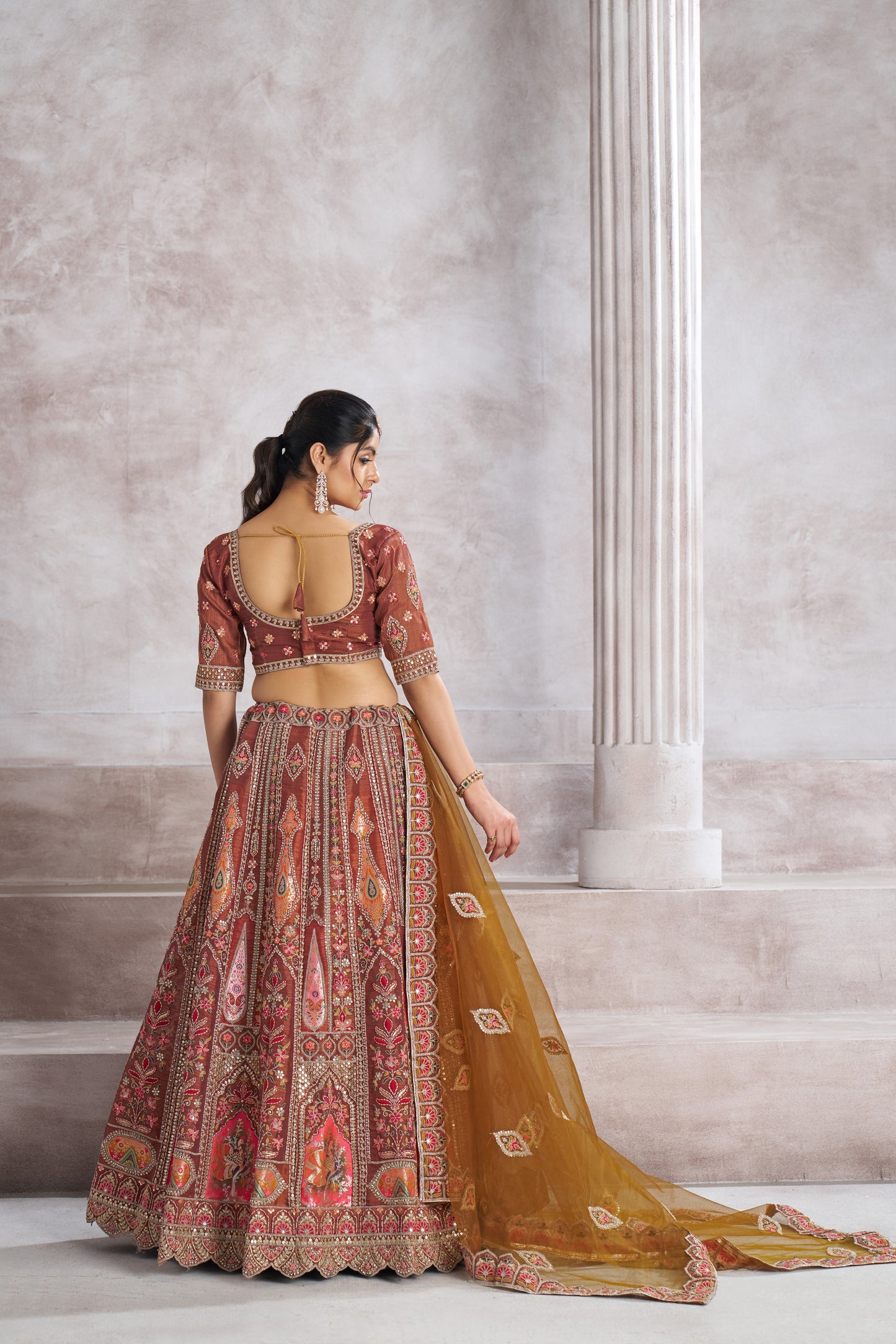 Trending Mocha Color Lehenga with Aari & Patch Work - Semi Bridal Lehenga Choli