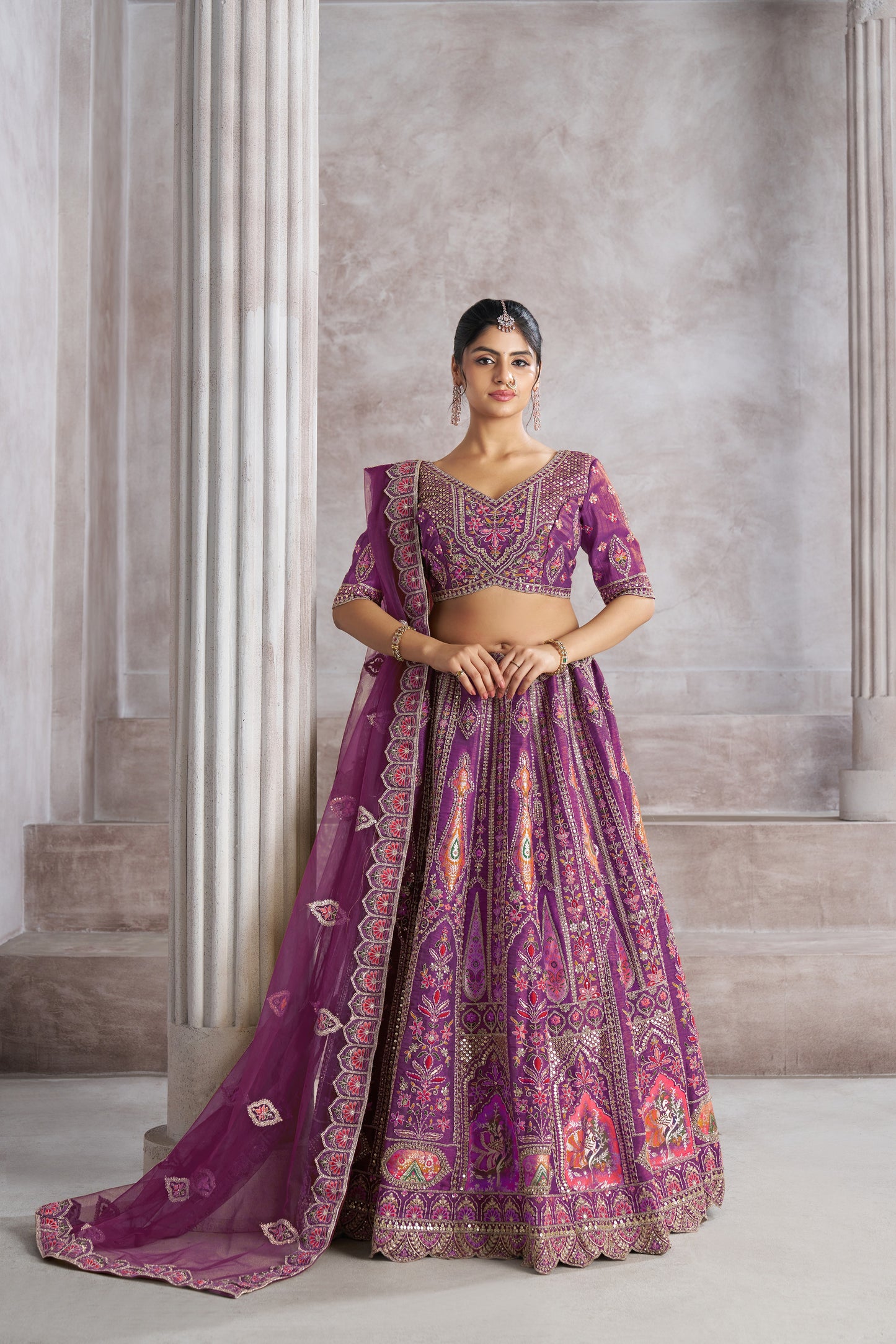 Berry Purple Bridesmaid Lehenga with Patch & Aari Work - Semi Stitched Lehenga Choli