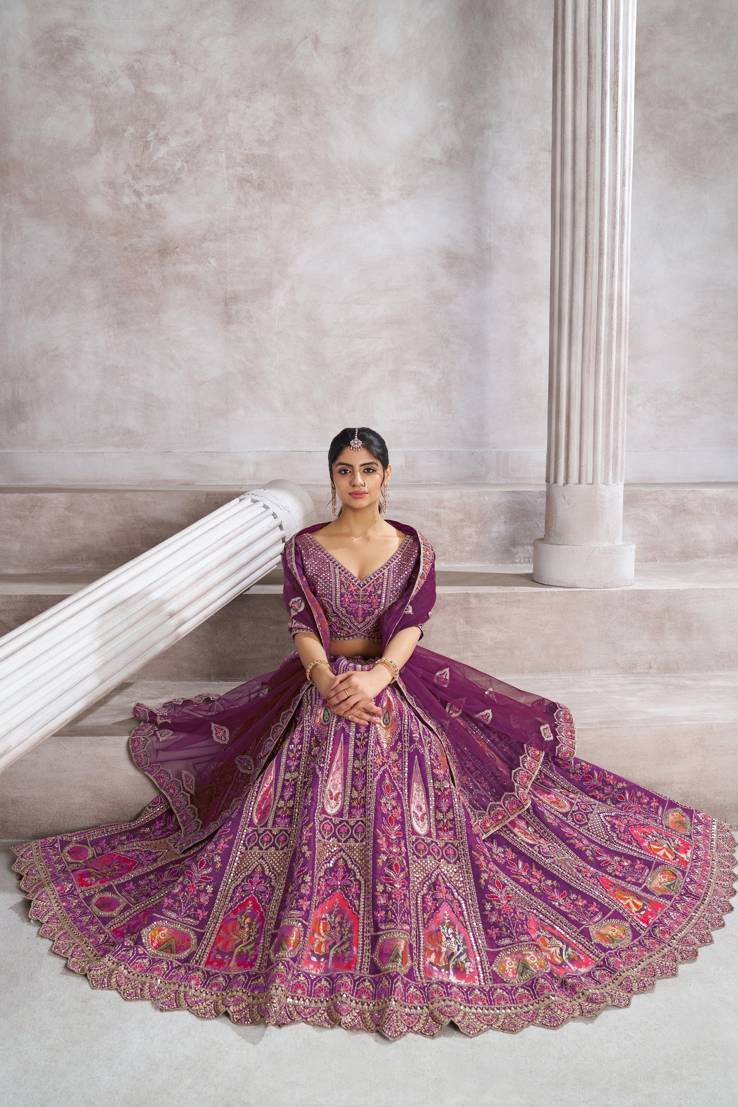 Berry Purple Bridesmaid Lehenga with Patch & Aari Work - Semi Stitched Lehenga Choli