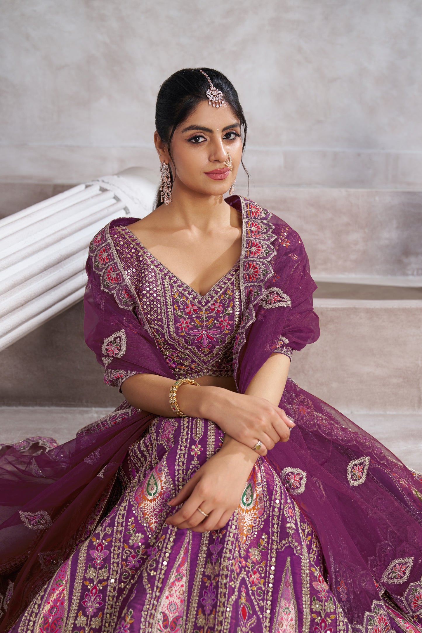 Berry Purple Bridesmaid Lehenga with Patch & Aari Work - Semi Stitched Lehenga Choli