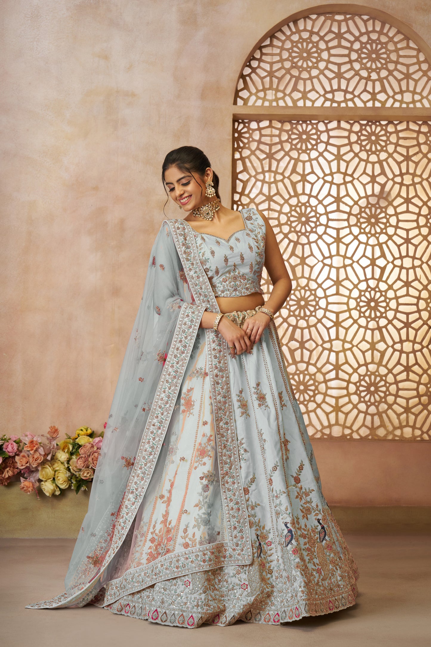 Sky Blue Sequins Chinon Reception Wear Lehenga Choli