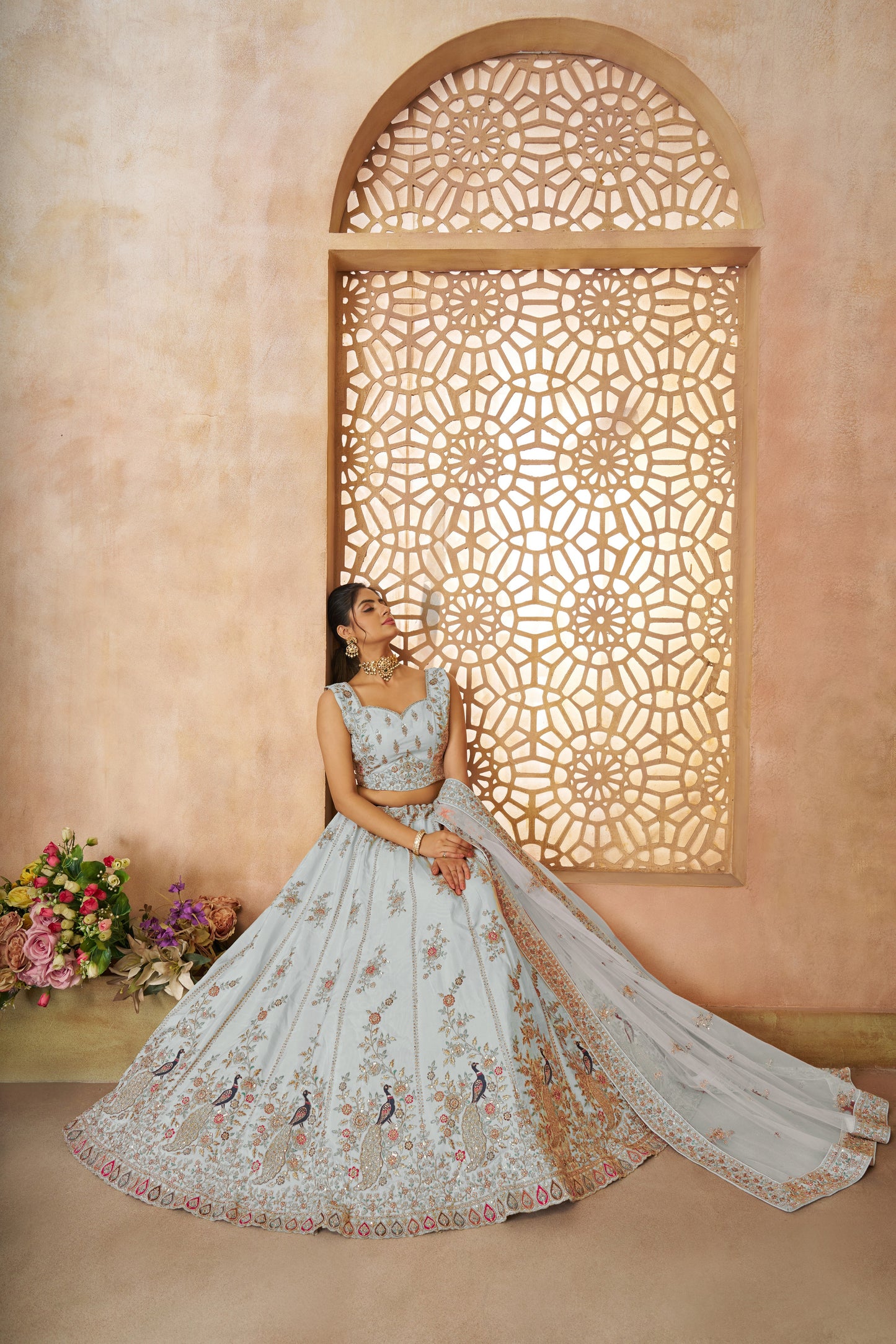 Sky Blue Sequins Chinon Reception Wear Lehenga Choli