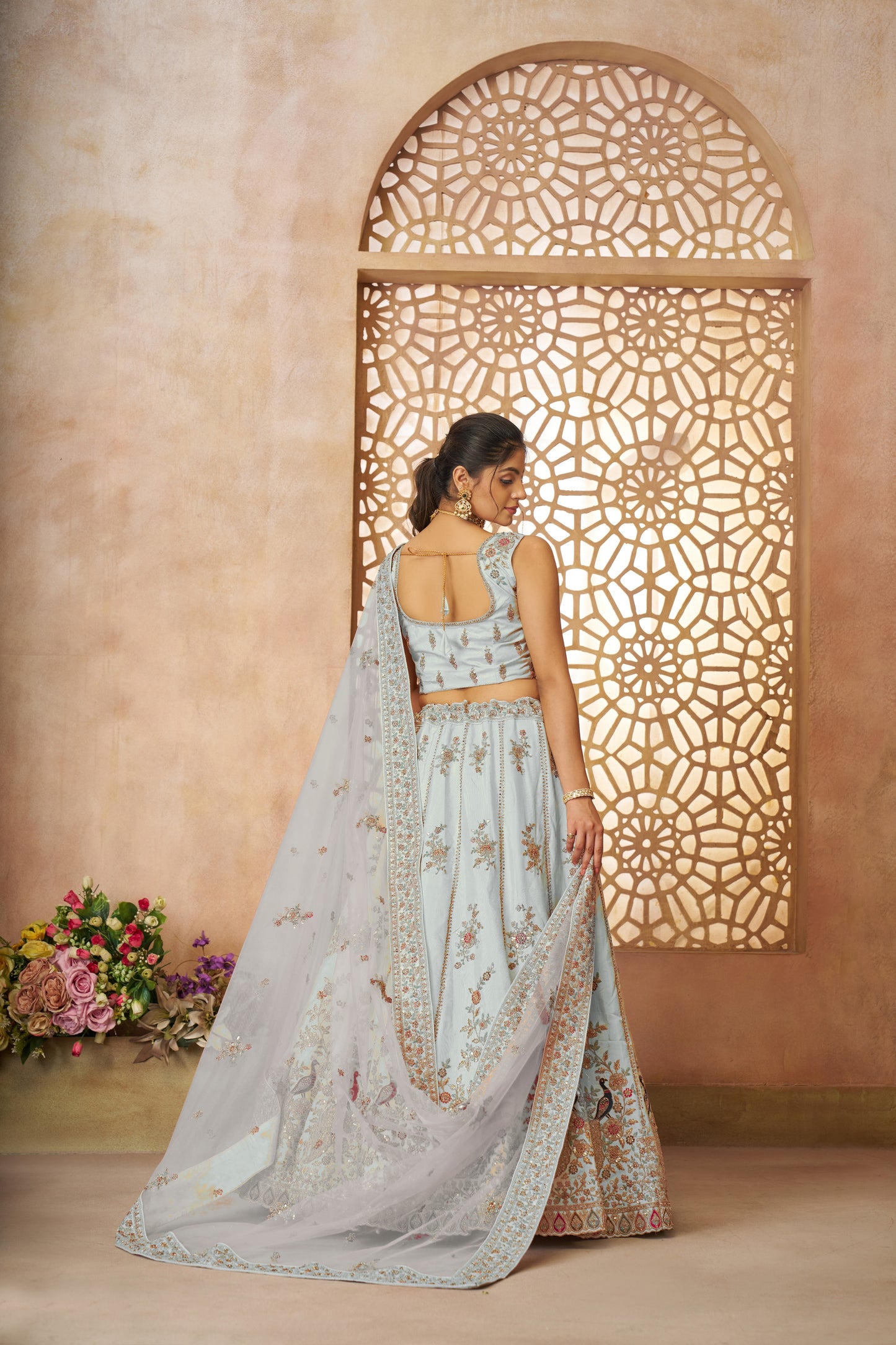 Sky Blue Sequins Chinon Reception Wear Lehenga Choli