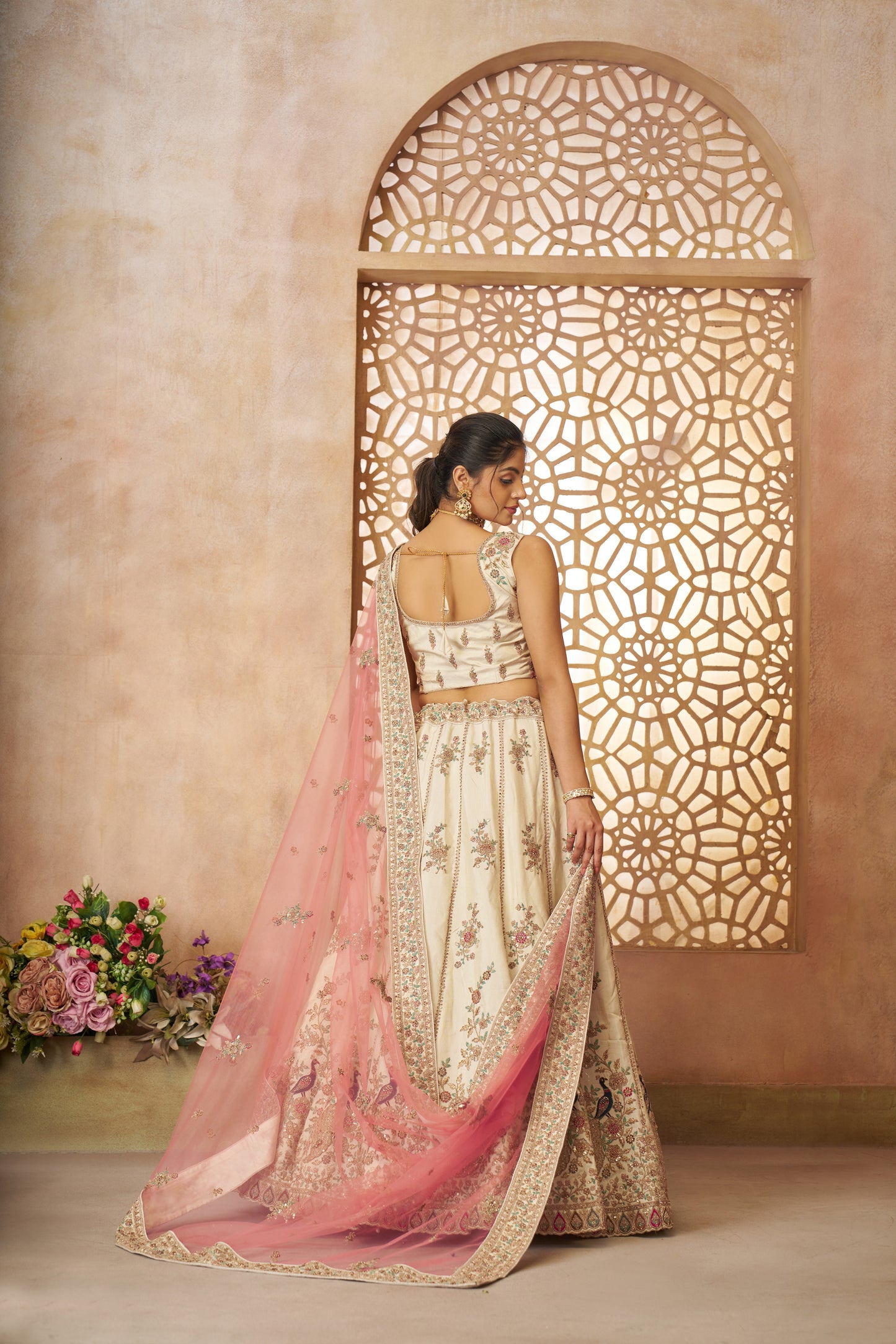 White Zari Silk Lehenga with Sequins & Thread Embroidery