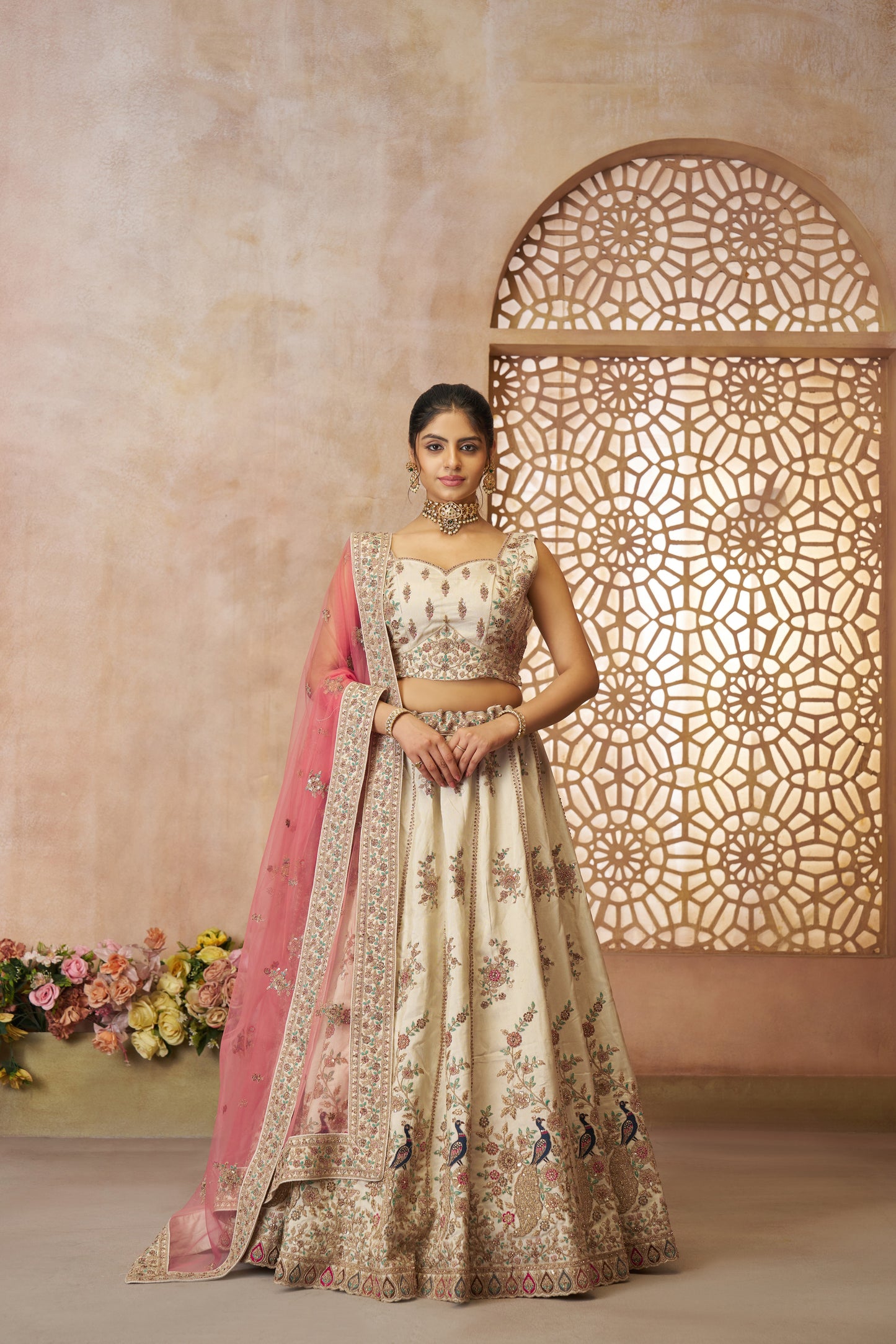 White Zari Silk Lehenga with Sequins & Thread Embroidery