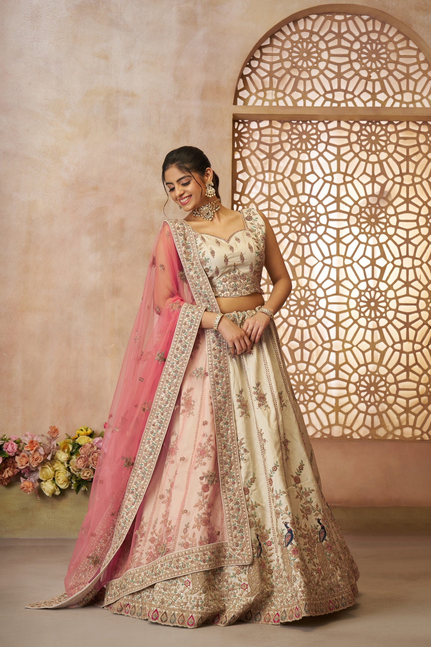 White Zari Silk Lehenga with Sequins & Thread Embroidery