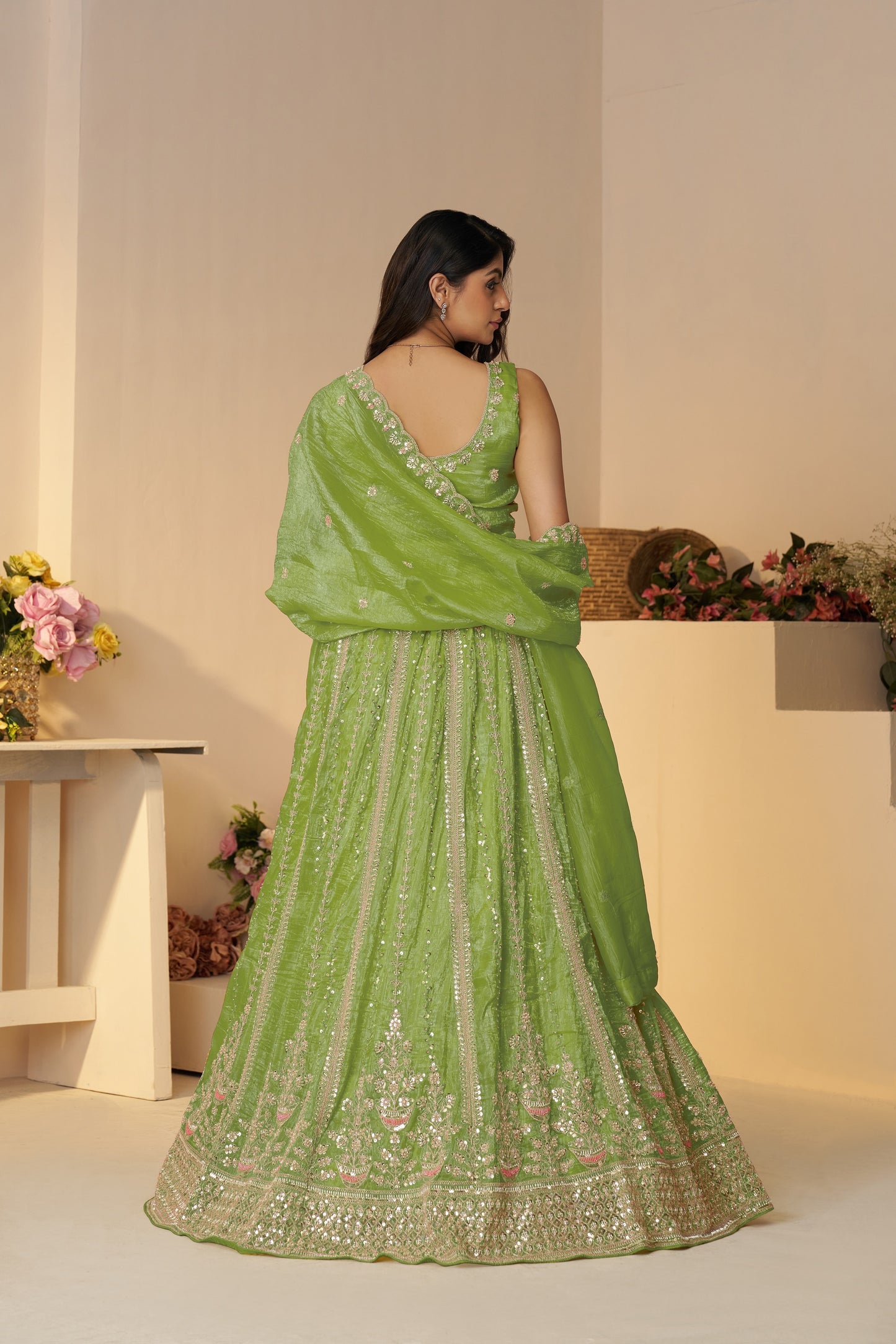 Green Mehendi Function Lehenga with Sequins & Cut Dana Work