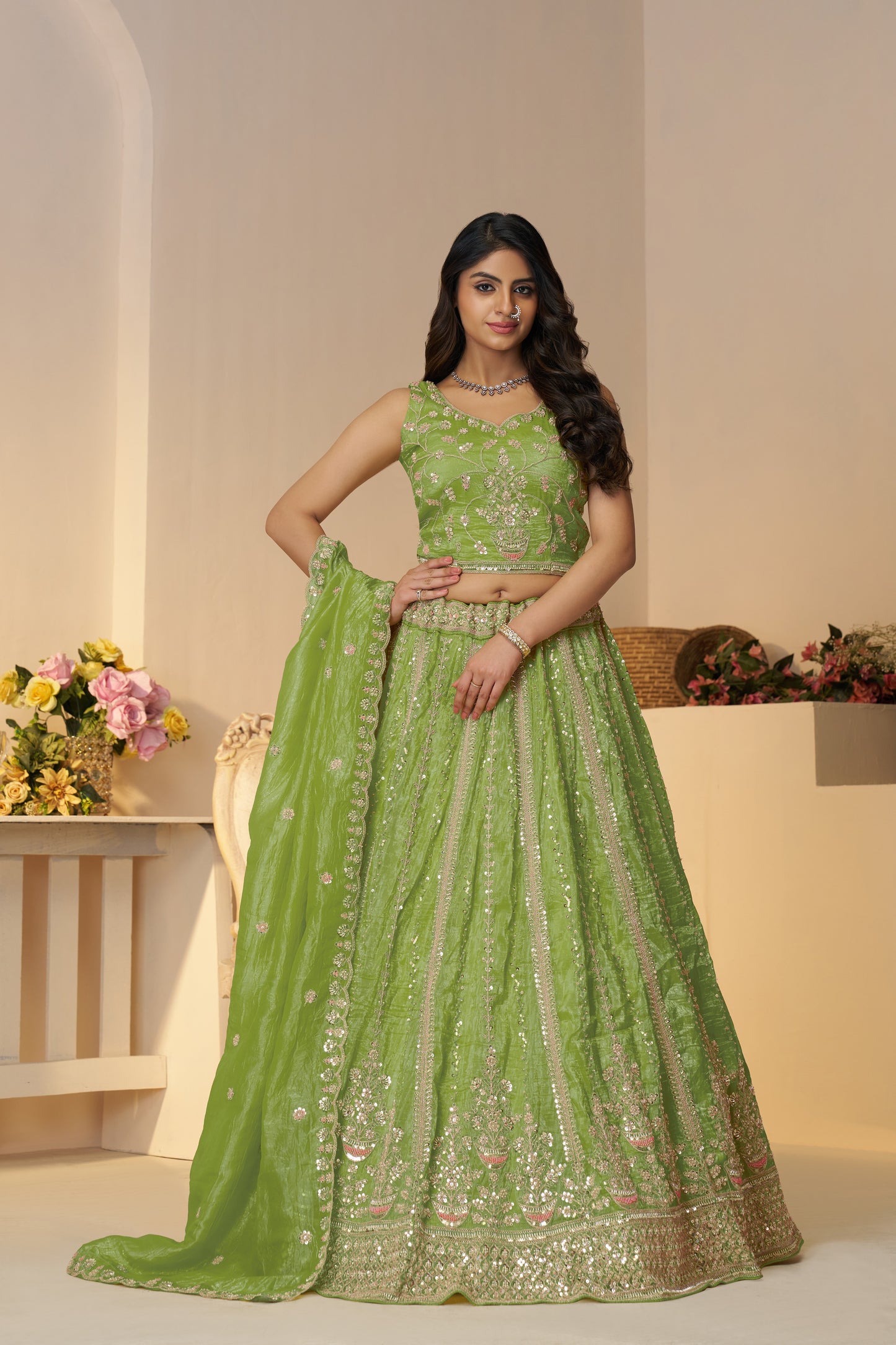 Green Mehendi Function Lehenga with Sequins & Cut Dana Work