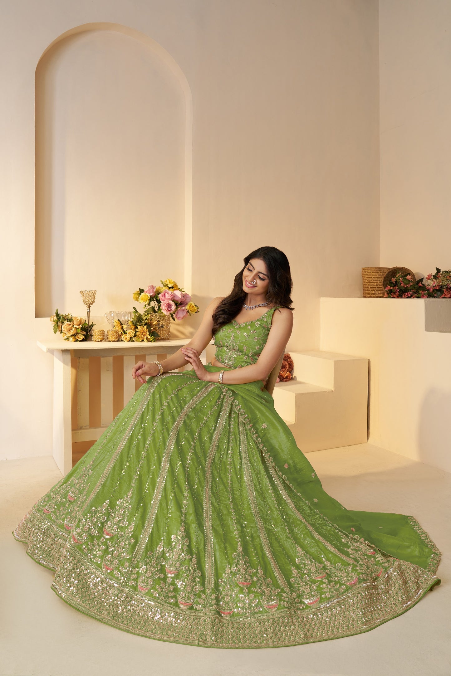 Green Mehendi Function Lehenga with Sequins & Cut Dana Work